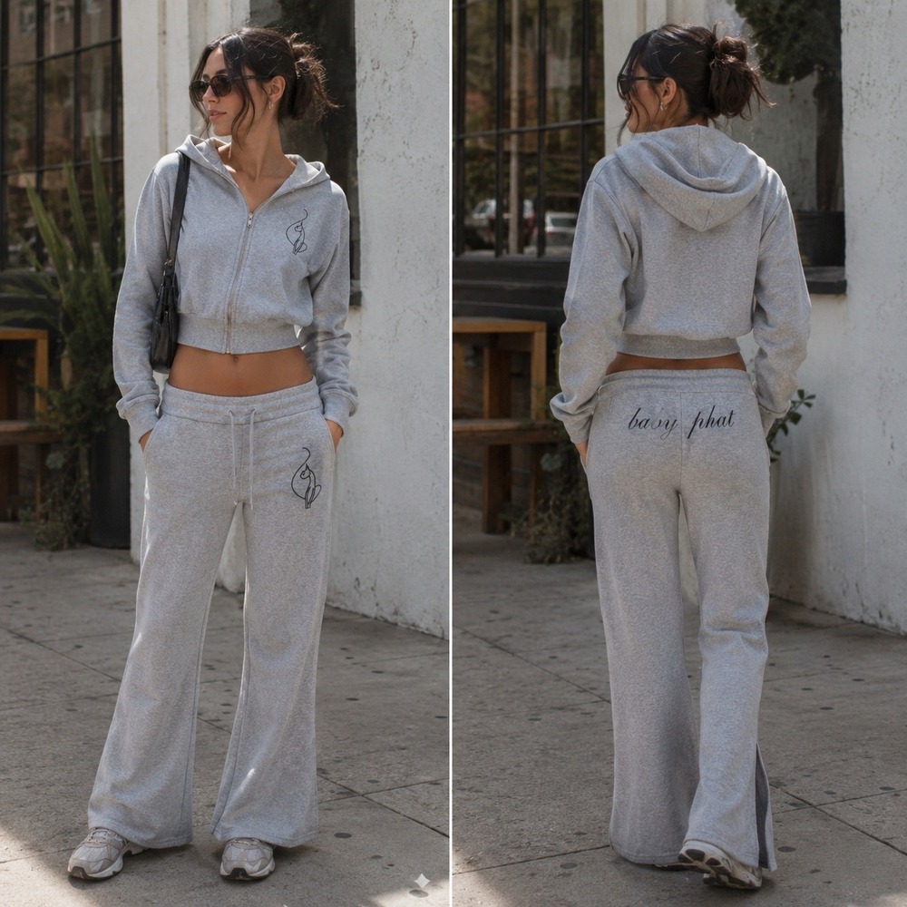 Baby Phat Womens Flare Fleece Sweatpants Gray Y2K Cat Logo Slit Hem Med Spellout